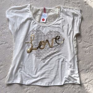 Cream Gold Metallic Heart,  “Love” LACE Back Short Sleeve Tshirt, NWT, Juniors M